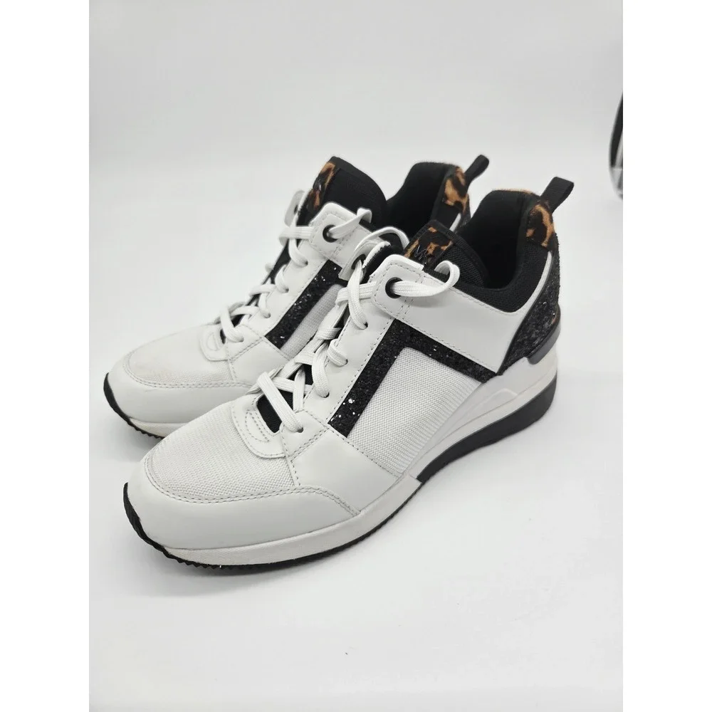Michael Kors White Cheetah Knit Trainer Black Size 9M Black Leather Wedge‎ Shoes